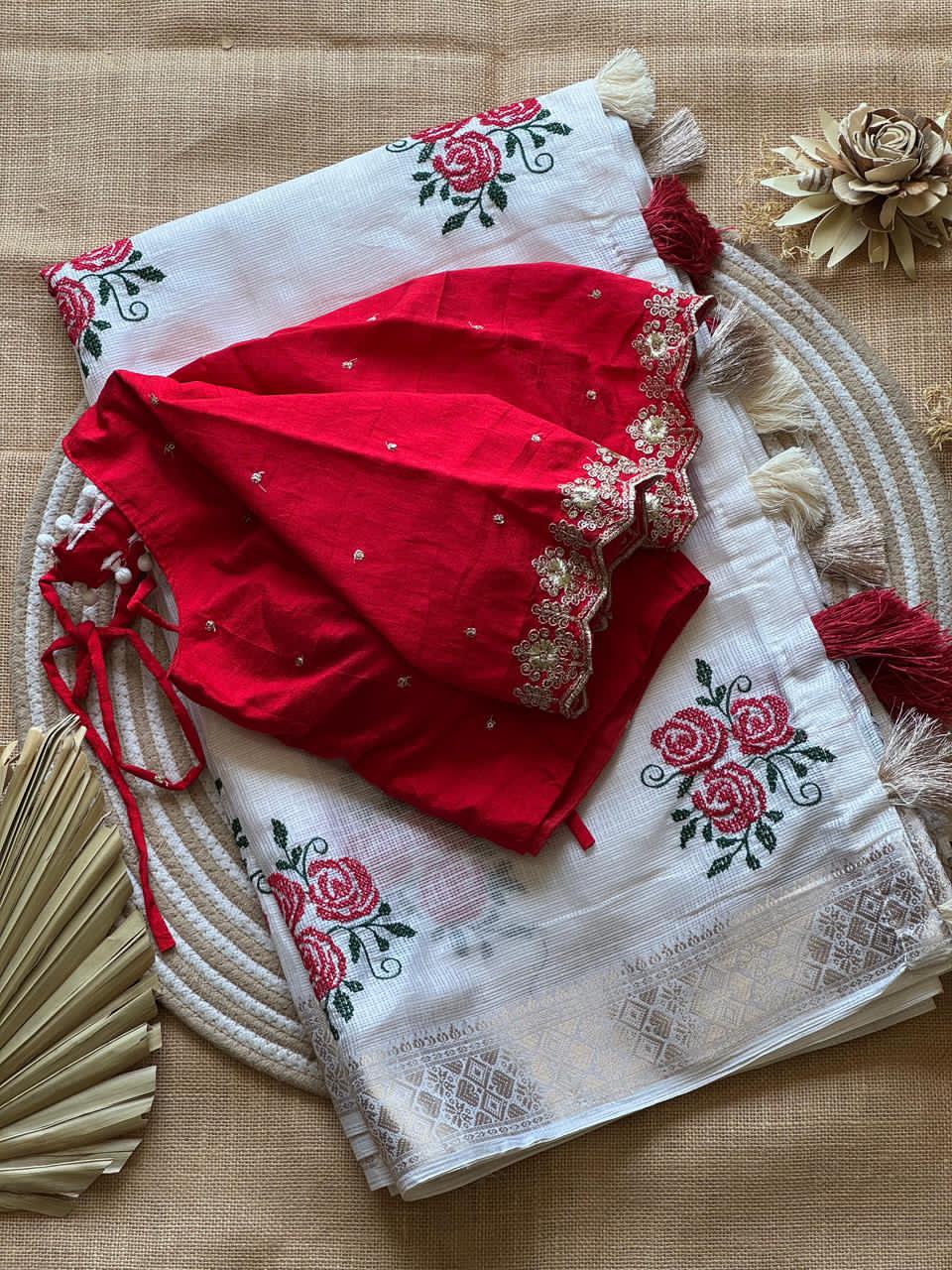 White saree with Red blouse 