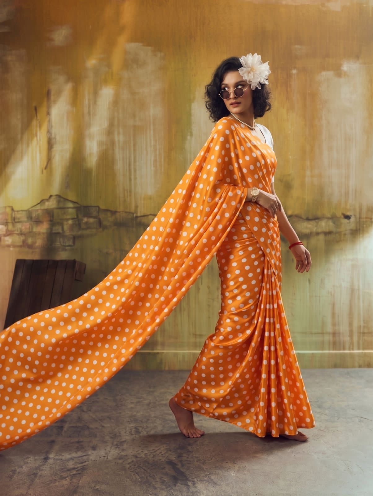  orange saree with polka dots 