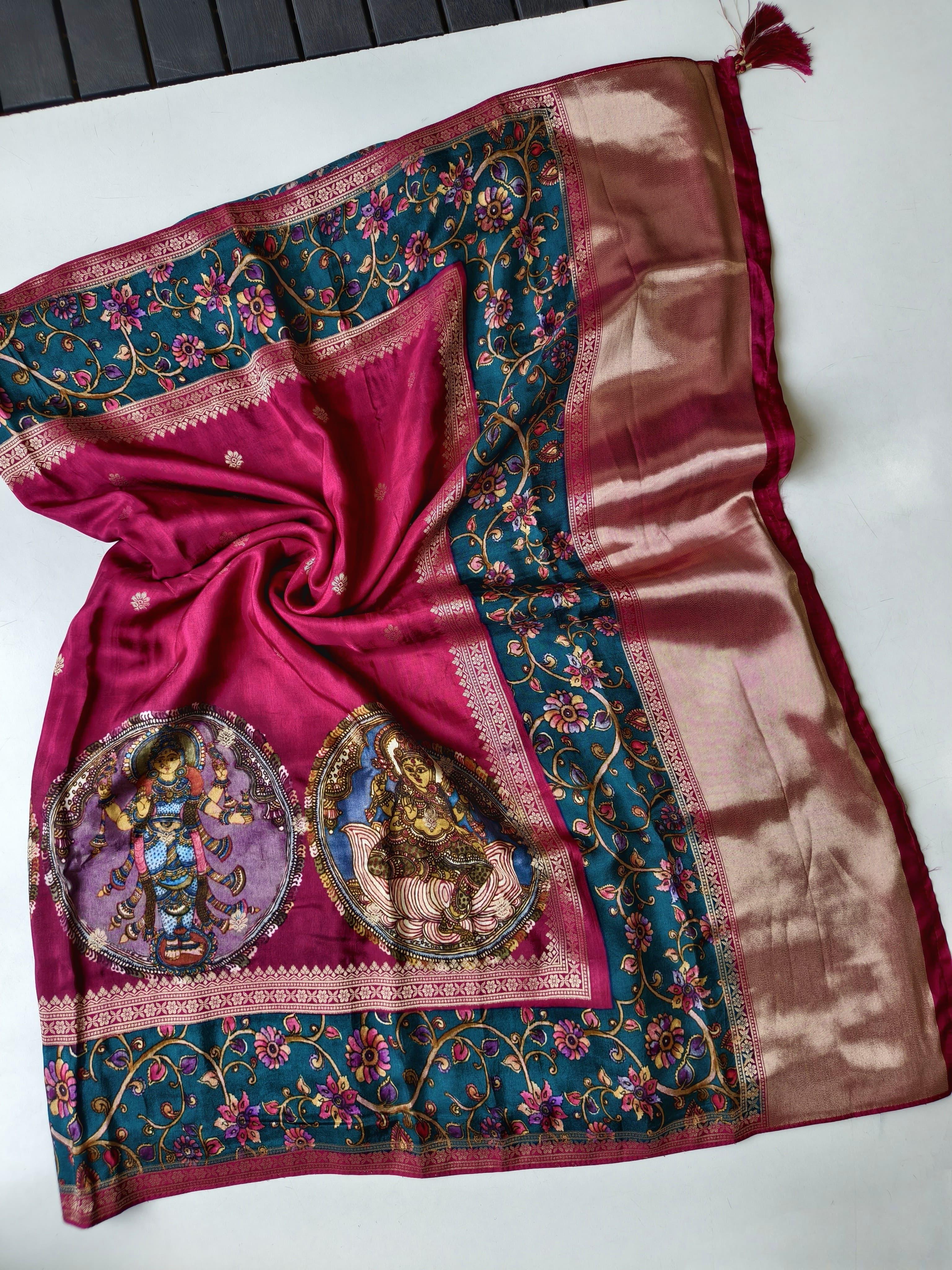 Rani pink Decorative saree with intricate patterns on a white surface