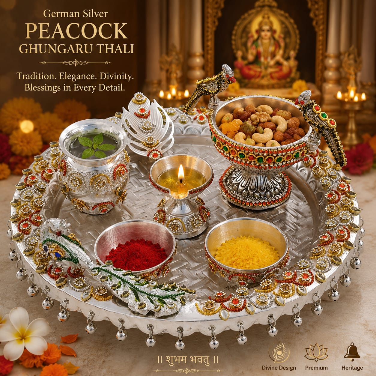 German silver peacock ghungaru pooja thali set