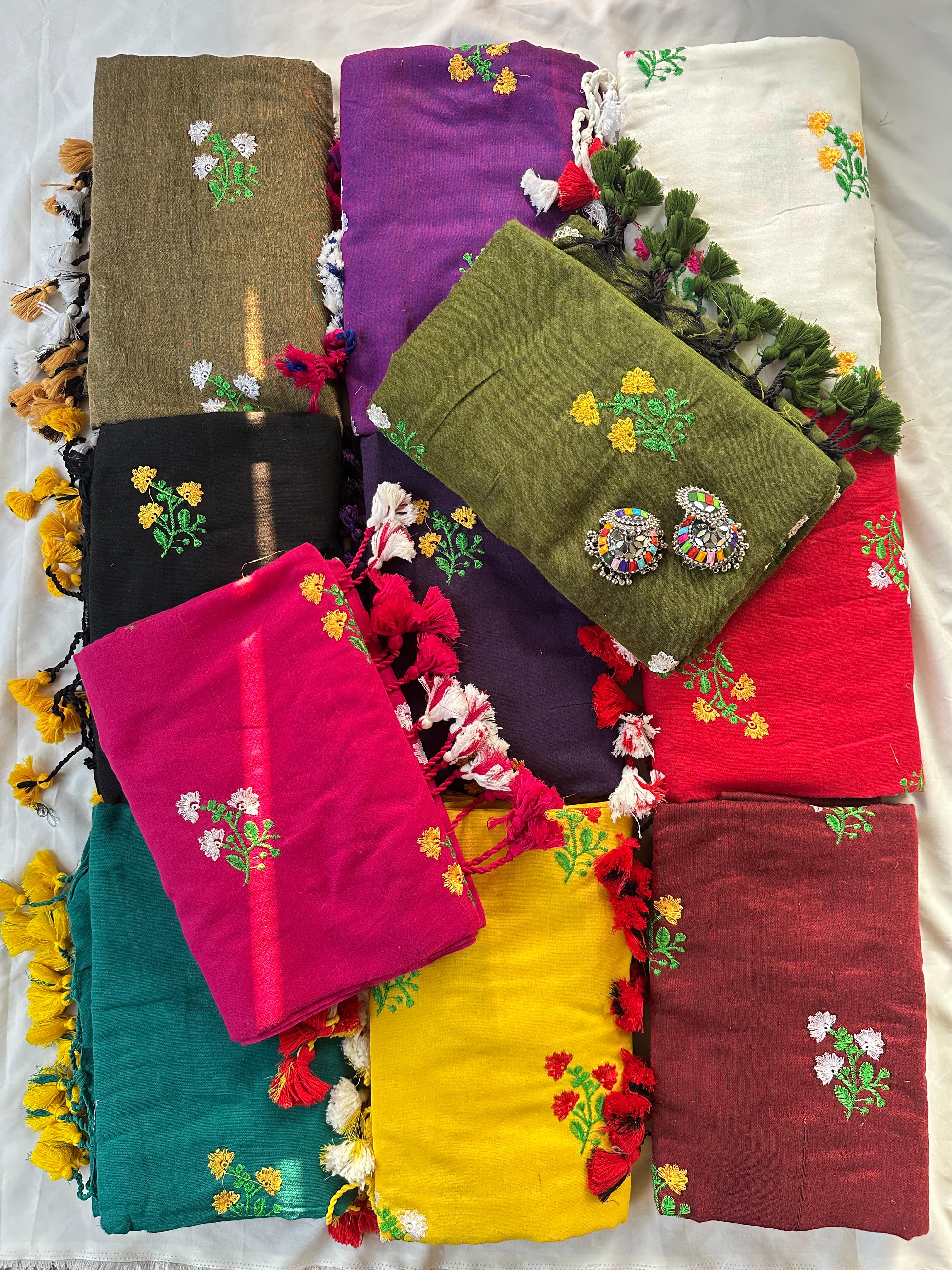 Yellow, pink, Lavender,Red,white, mehandi Green,maroon,black,Rama Green, Purple, olive Green embroidery sarees