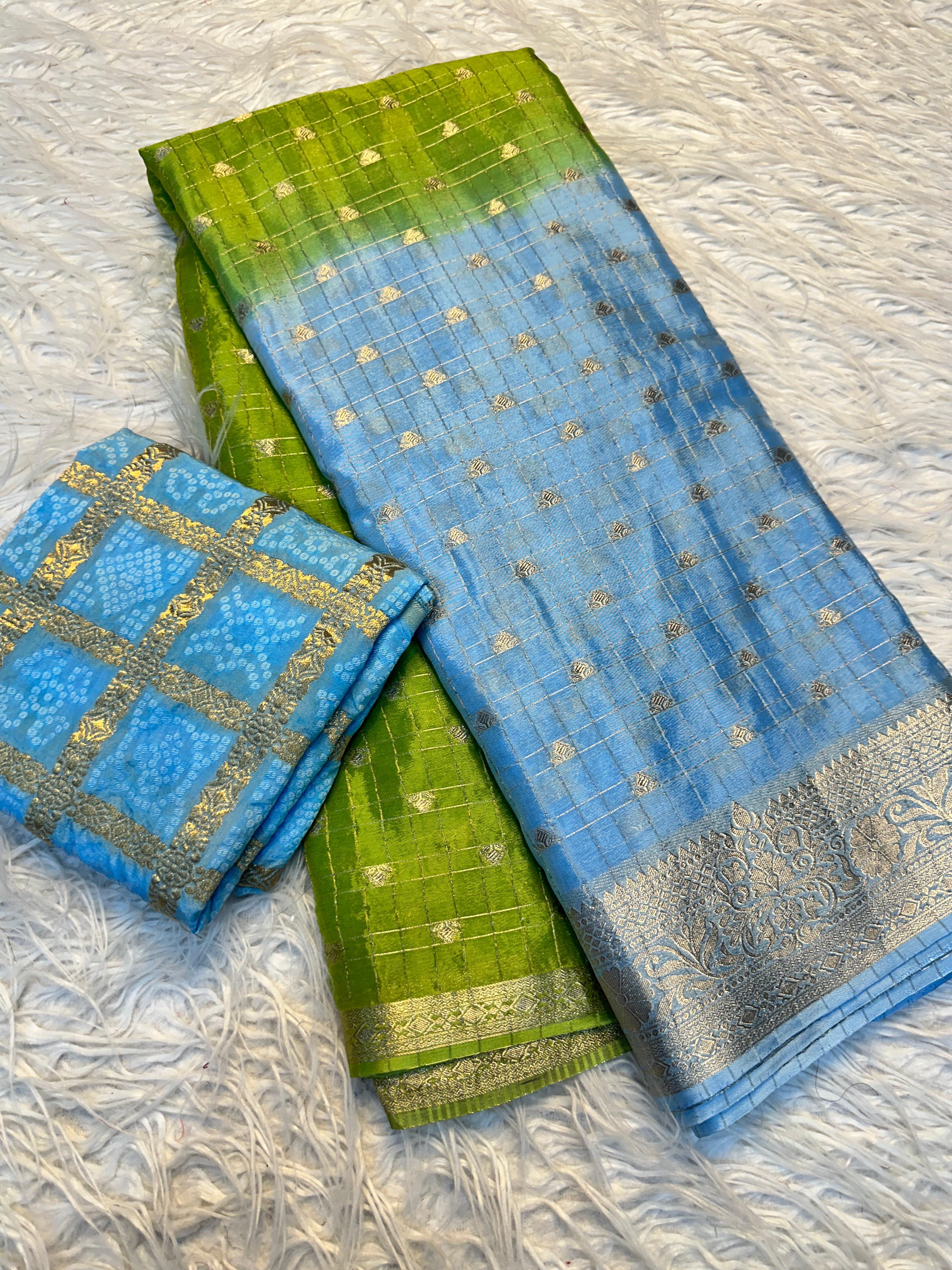Parrot Green saree with patterns on a textured surface.