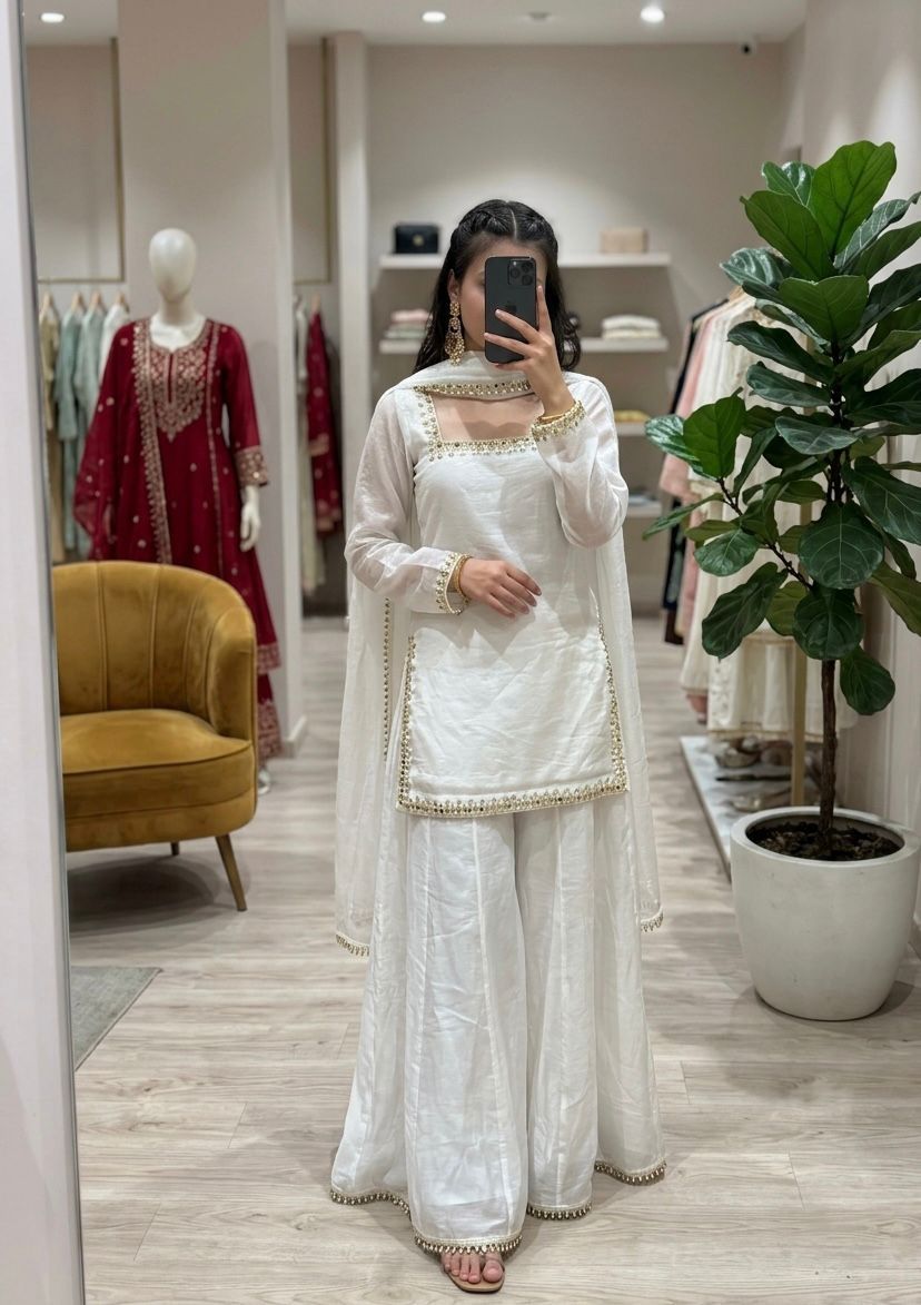 Person wearing a white traditional outfit in a store setting with mannequins and decor.