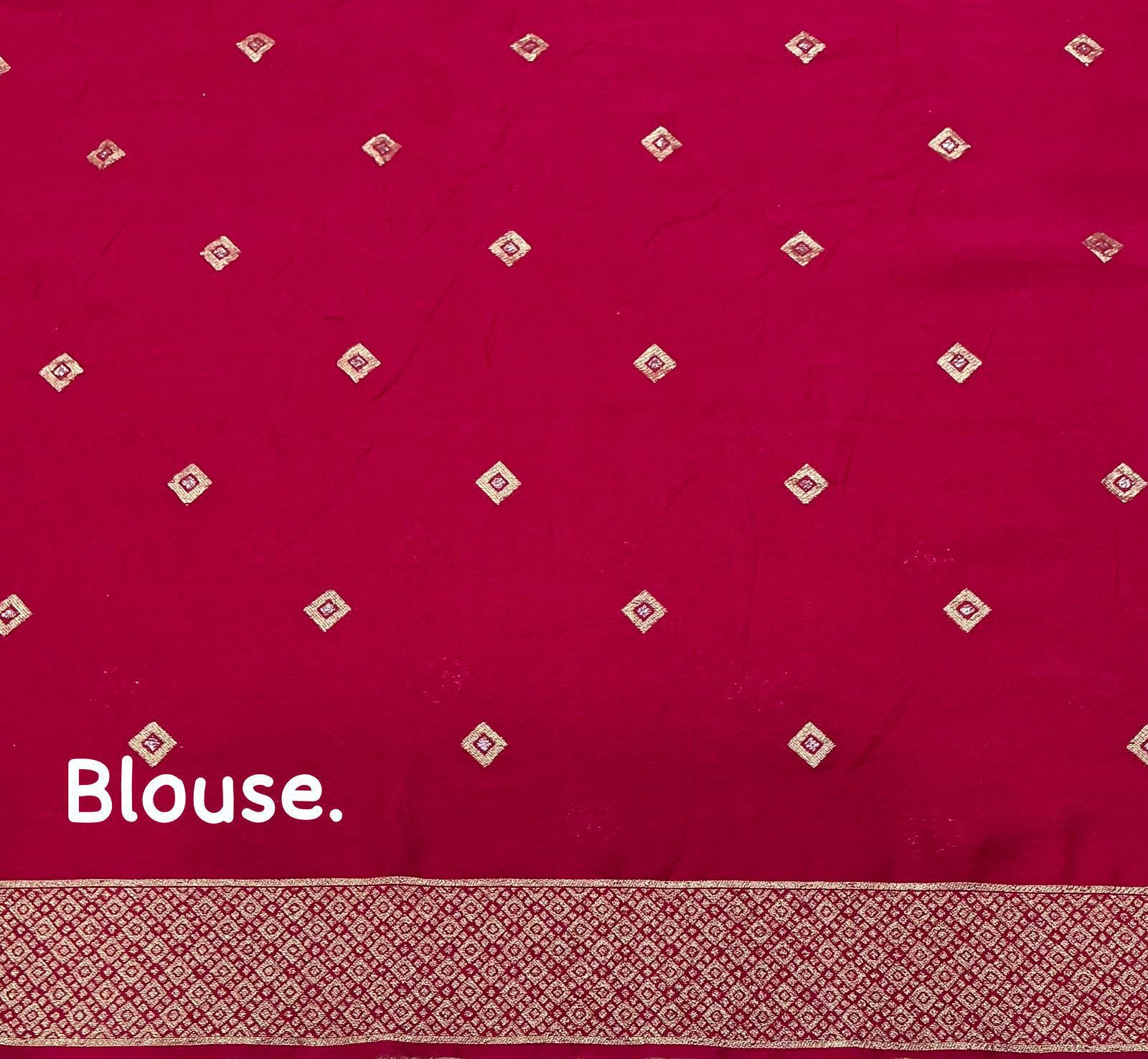 Pink blouse fabric with white patterns and 'Blouse.' text