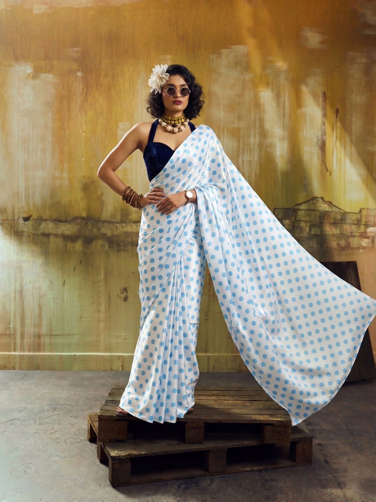 White saree with polka dots 