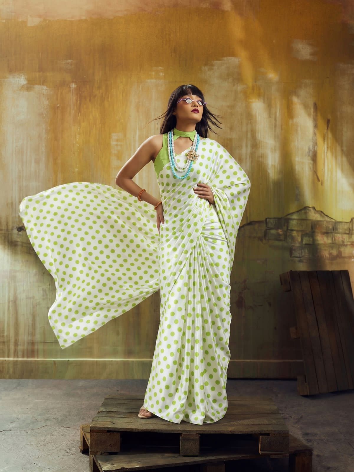 Pista green saree with polka dots 