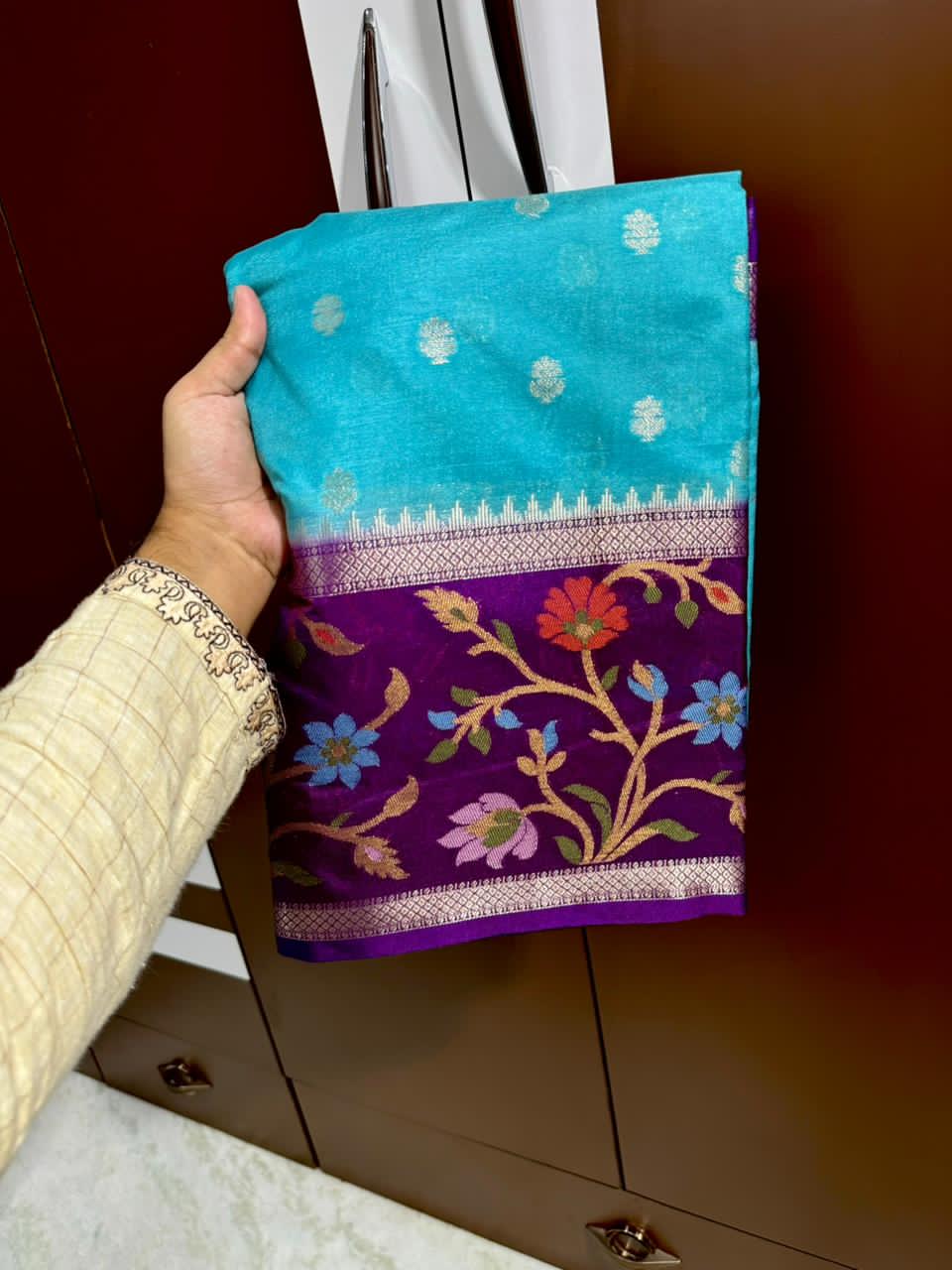 Sky Blue saree with floral patterns 