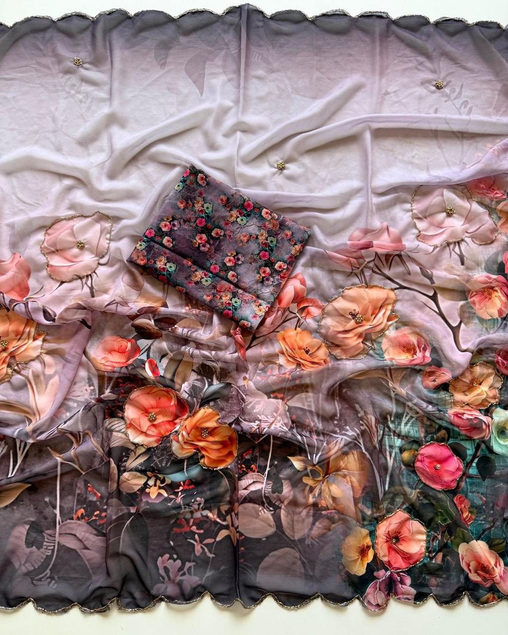 Lavender Floral patterned fabric with a focus on intricate designs and colors.