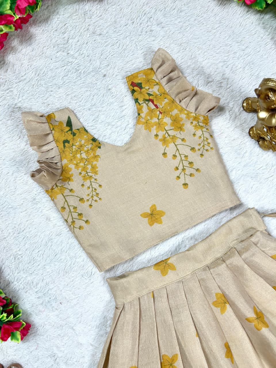 Beige lehanga with gold floral patterns 