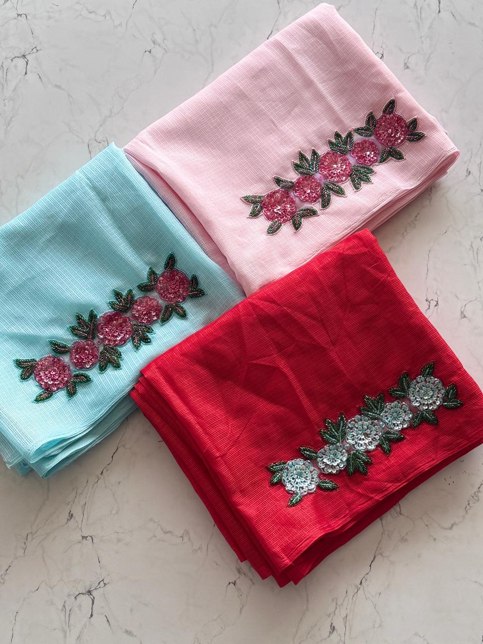 Red, sky blue, baby pink 