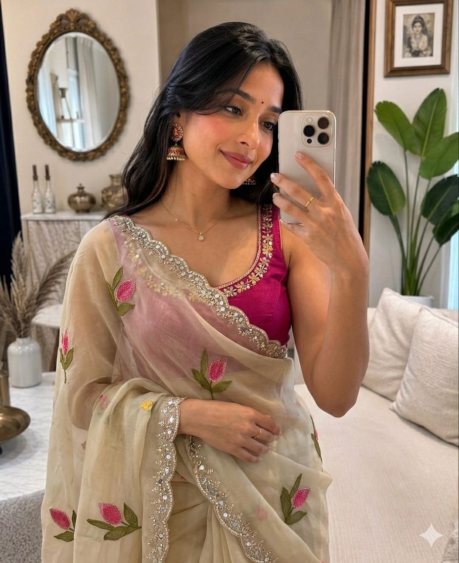 Woman taking a mirror selfie wearing a traditional outfit with a blouse and beige saree.