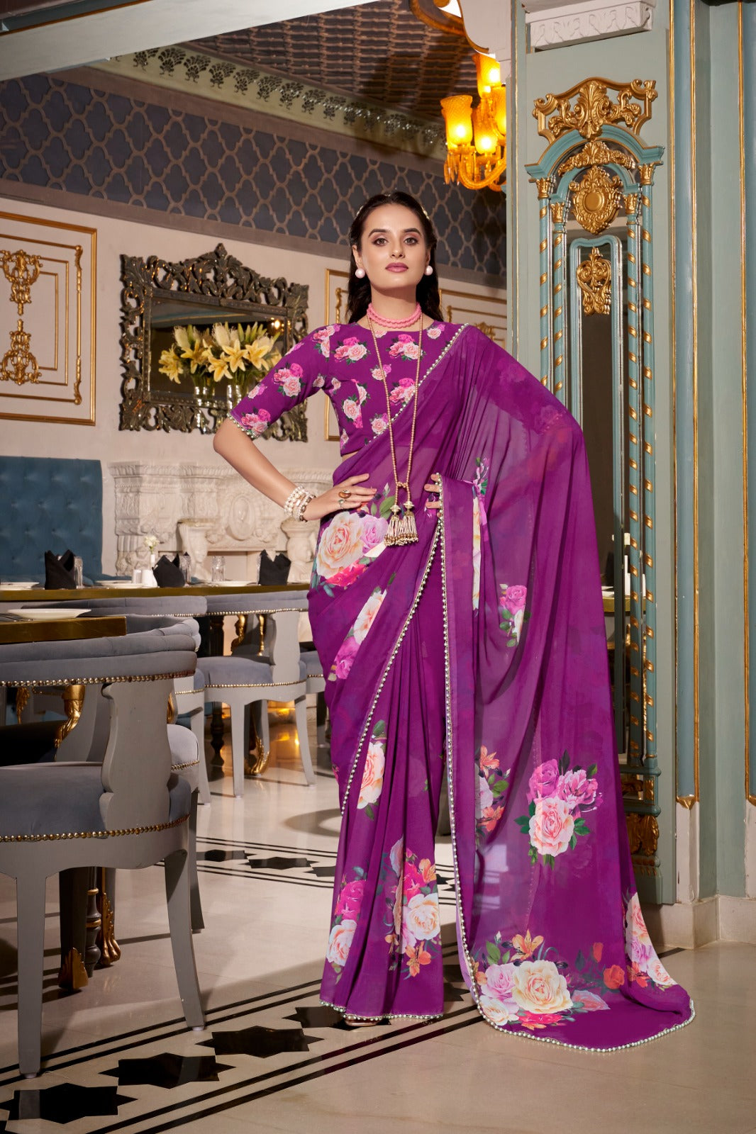 purple saree with floral patterns 