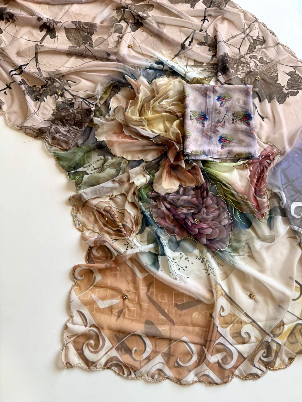 Beige Floral patterned fabric with intricate designs on a background