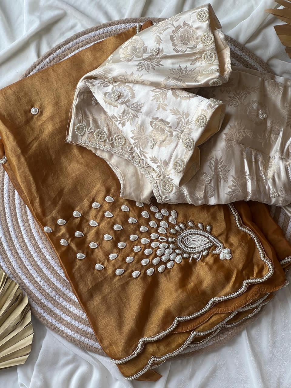 Gold saree with cream blouse 