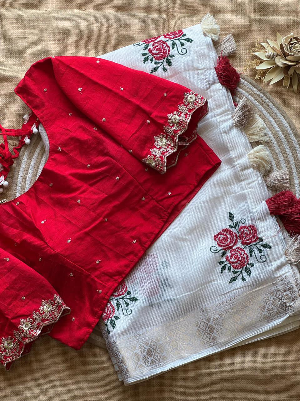 White saree with Red blouse 