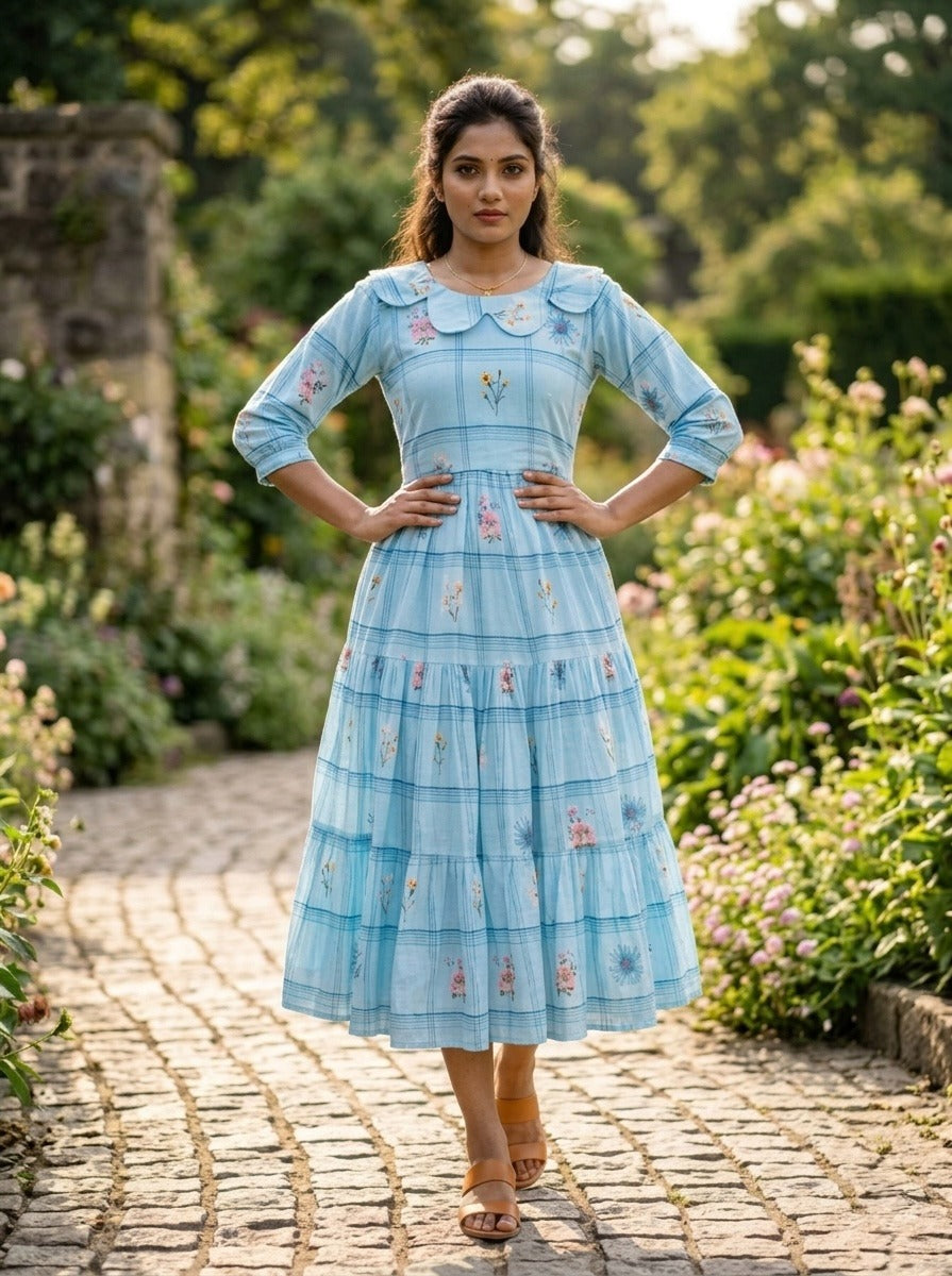 Sky blue frock with floral patterns 