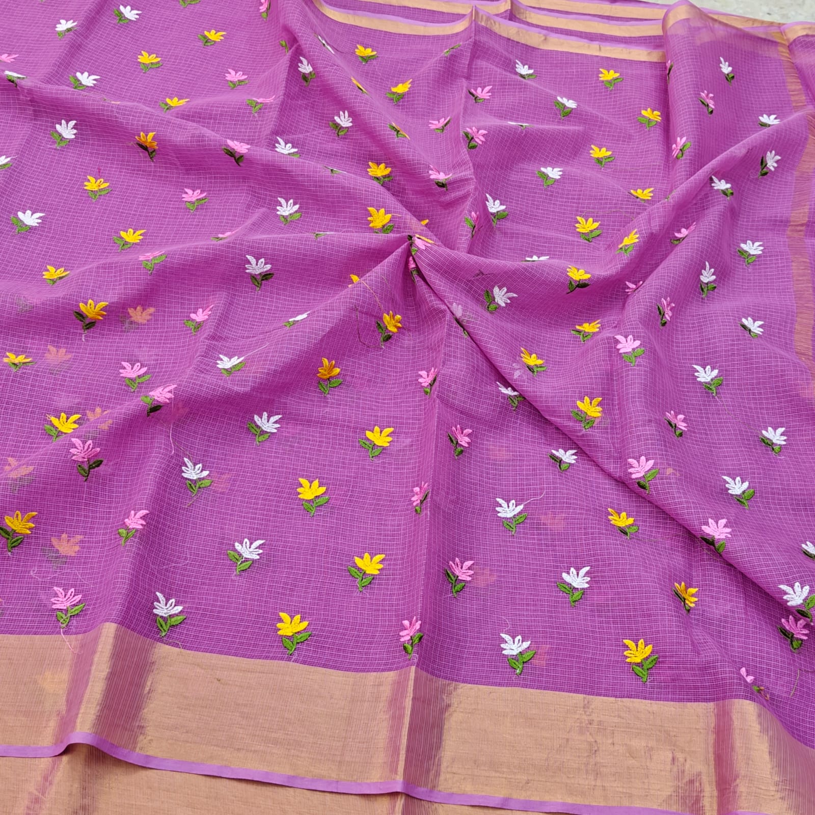 Lavender fabric with floral patterns