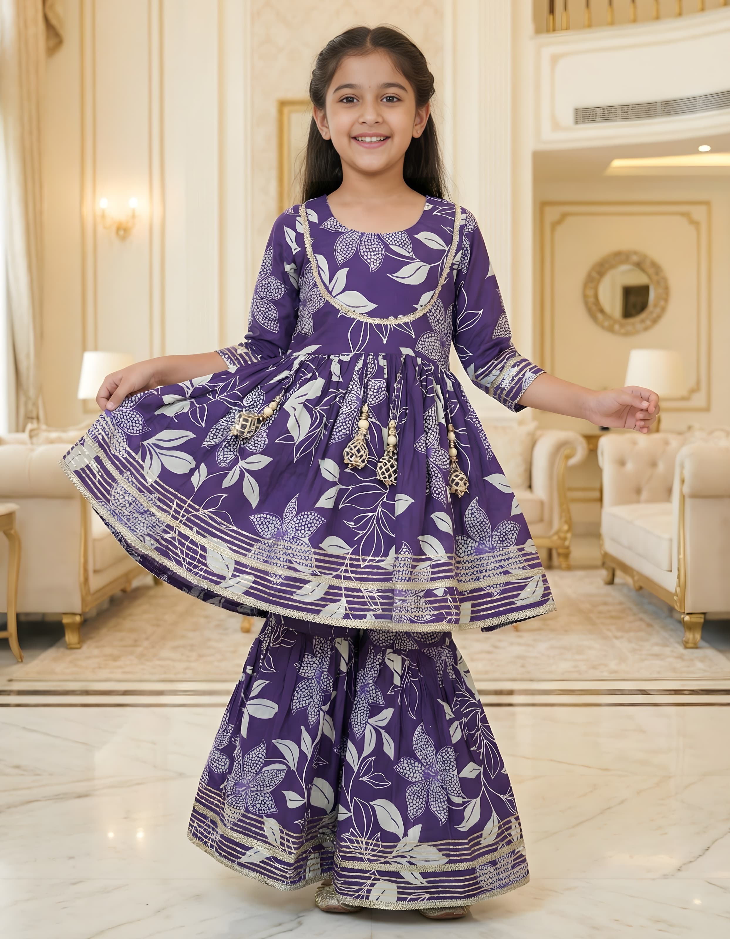 Young girl in a purple floral outfit standing in an elegant room.