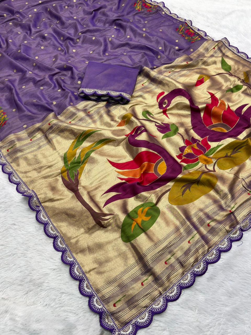 Decorative Lavender fabric with colorful bird design and beige background