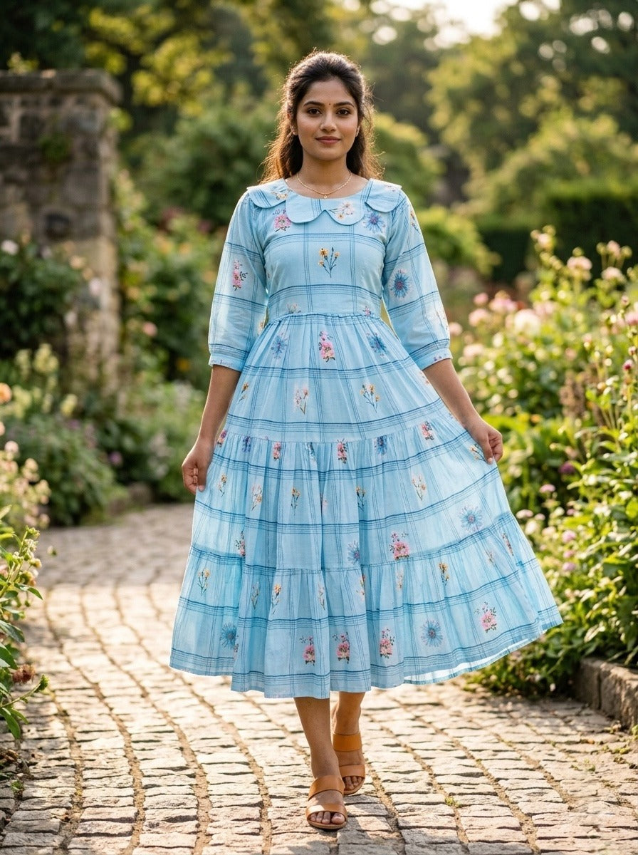 Sky blue frock with floral patterns 