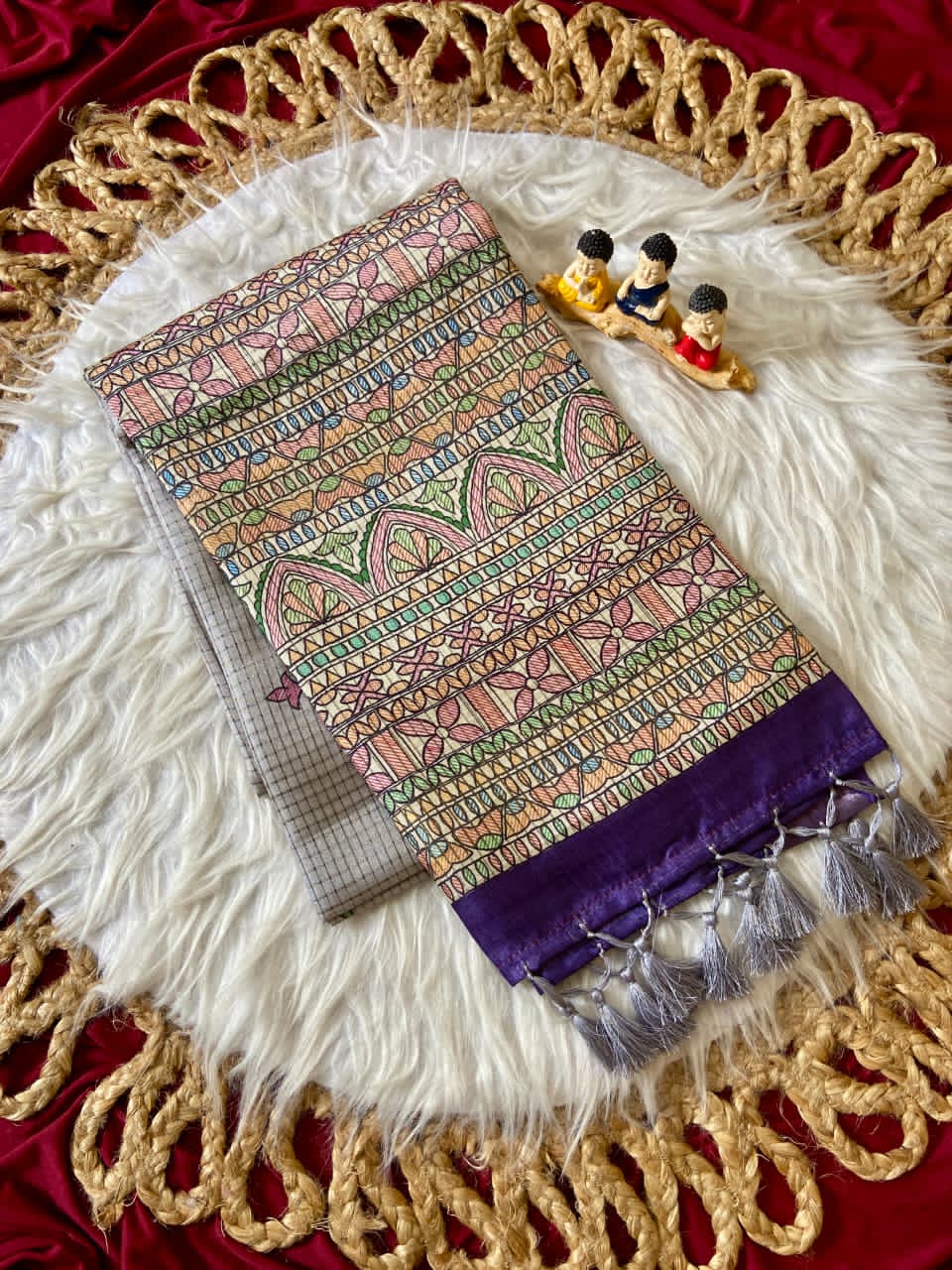 Gray saree with floral patterns 