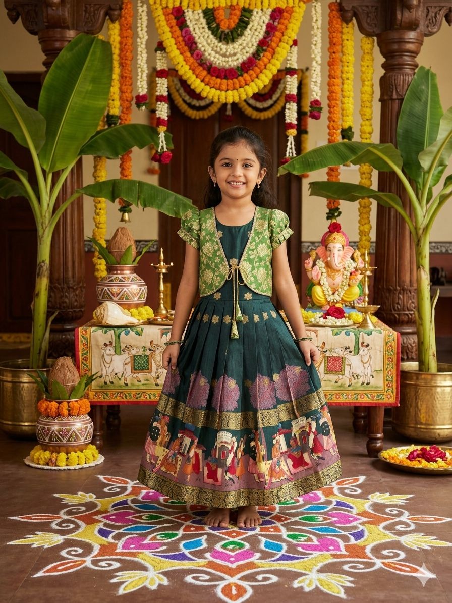 Young girl in a dark green traditional outfit standing in a decorated room with floral arrangements and a deity statue.