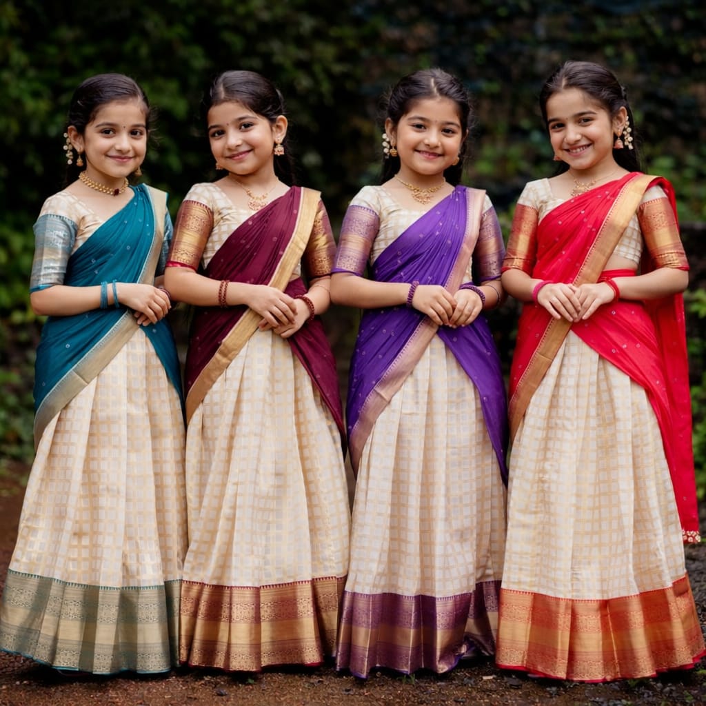 Four young girls in Rama Green,purple, maroon and red lehanga standing together outdoors.
