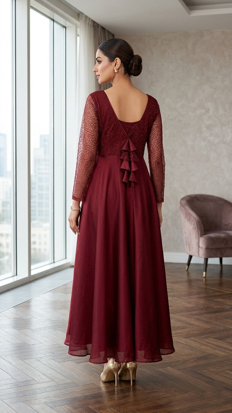 Woman in a Red dress standing in a room with large windows and a chair.