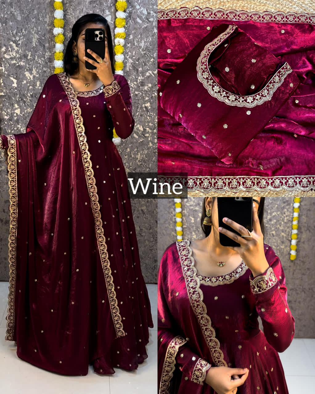 Wine traditional outfit with gold embroidery and a close-up of the neckline.