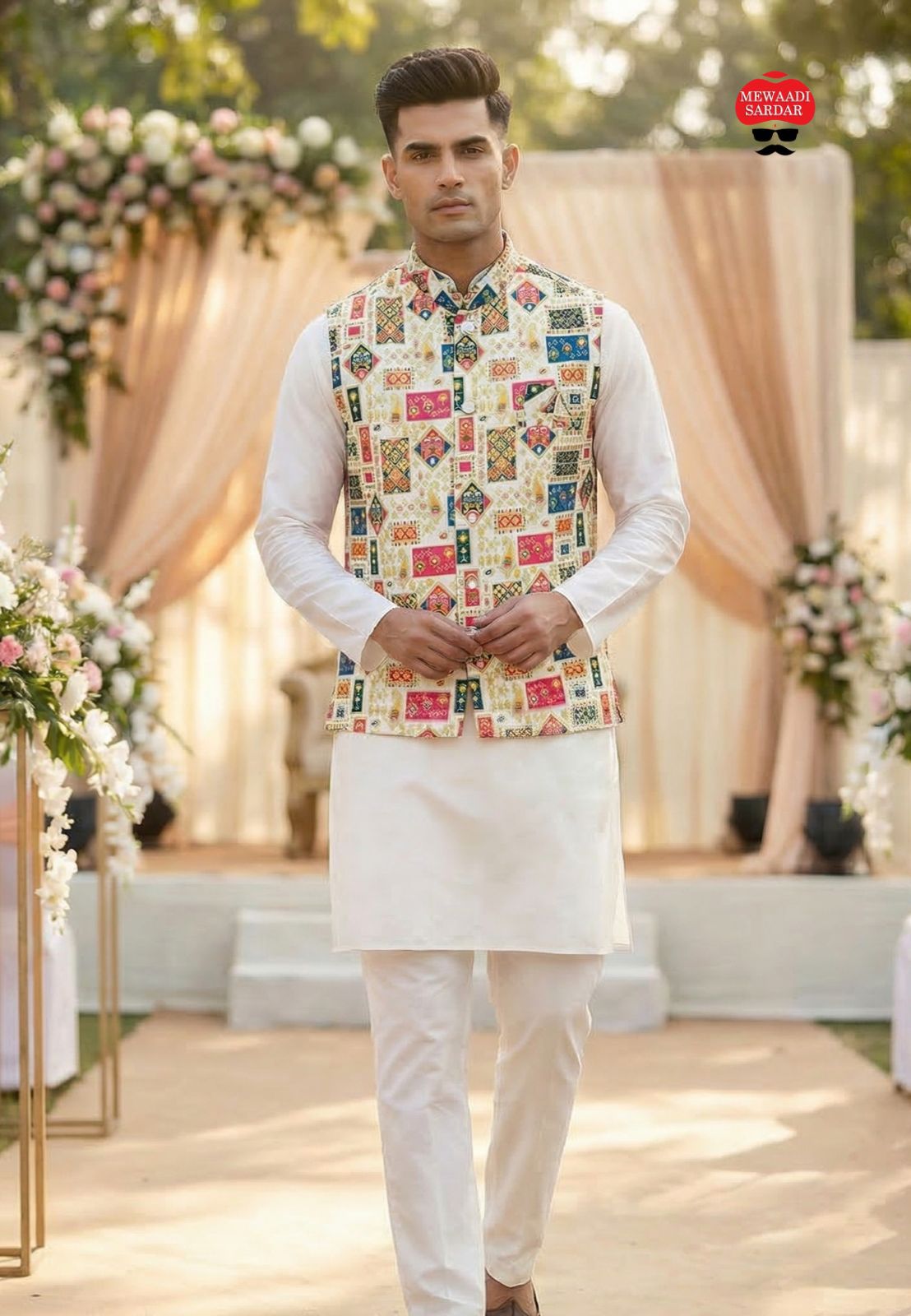 Man wearing a beige colour traditional outfit with a colorful vest in an outdoor decorated setting