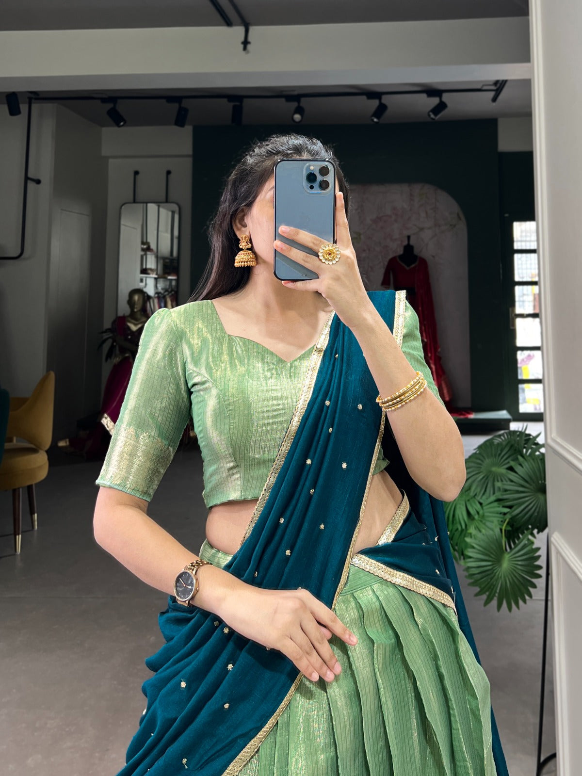  Rama green saree with blouse.
