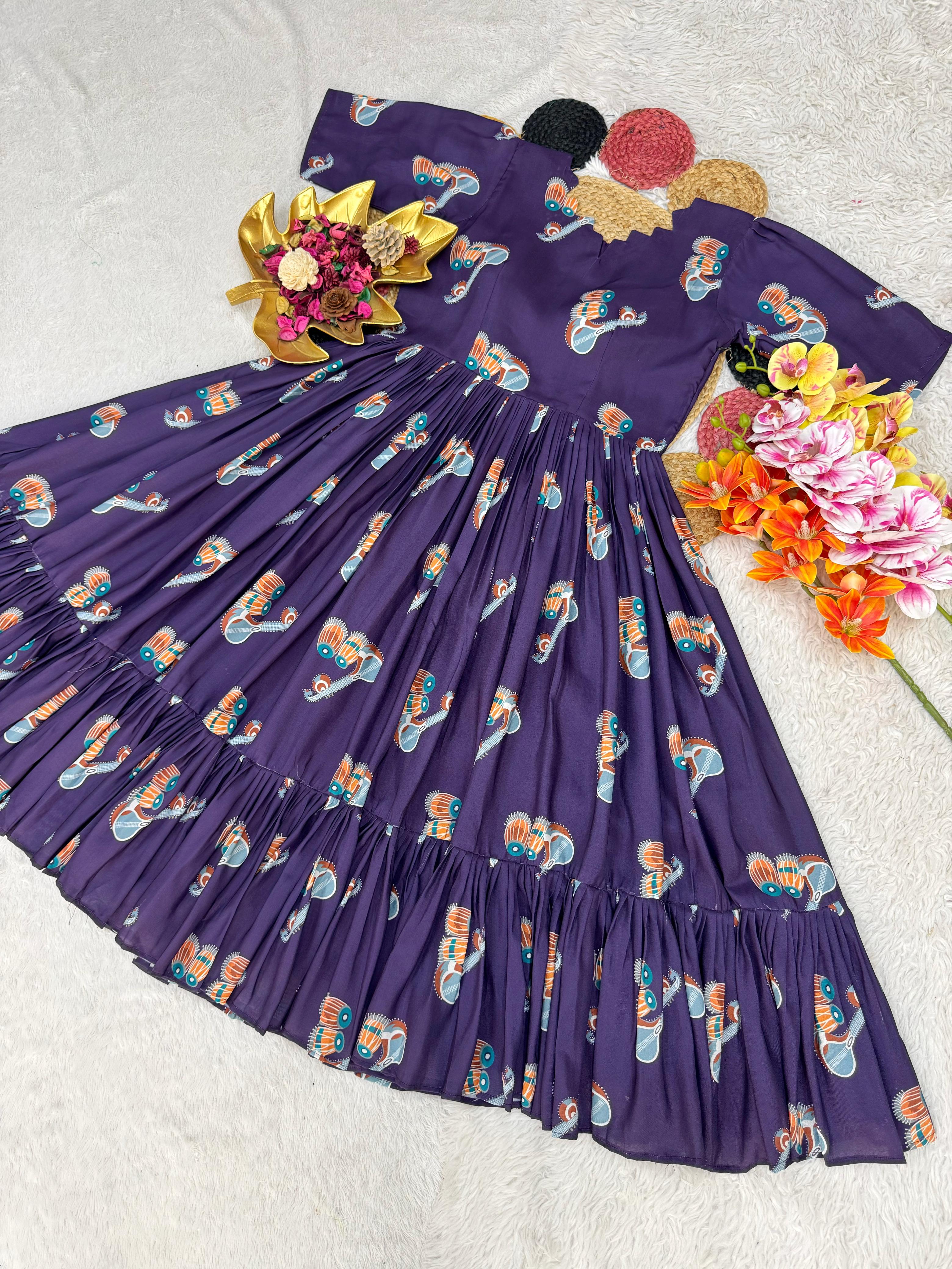 Purple dress with colorful mermaid print and floral accessories on a light gray background
