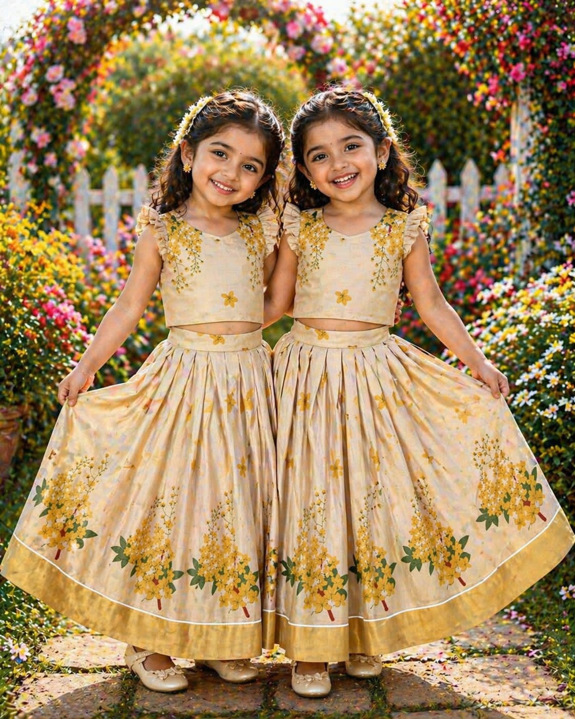 Beige lehanga with gold floral patterns 