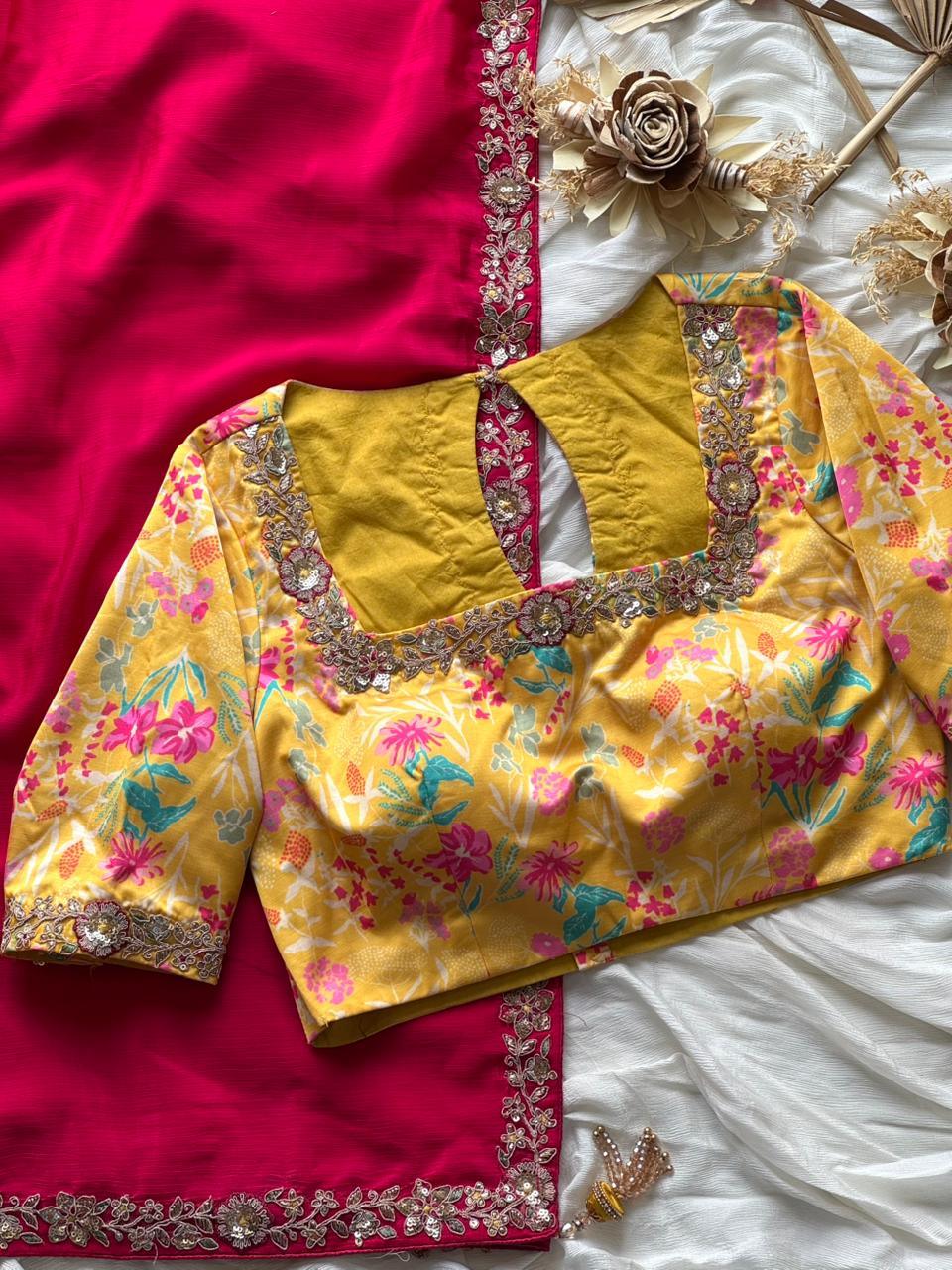 Pink saree with yellow blouse 