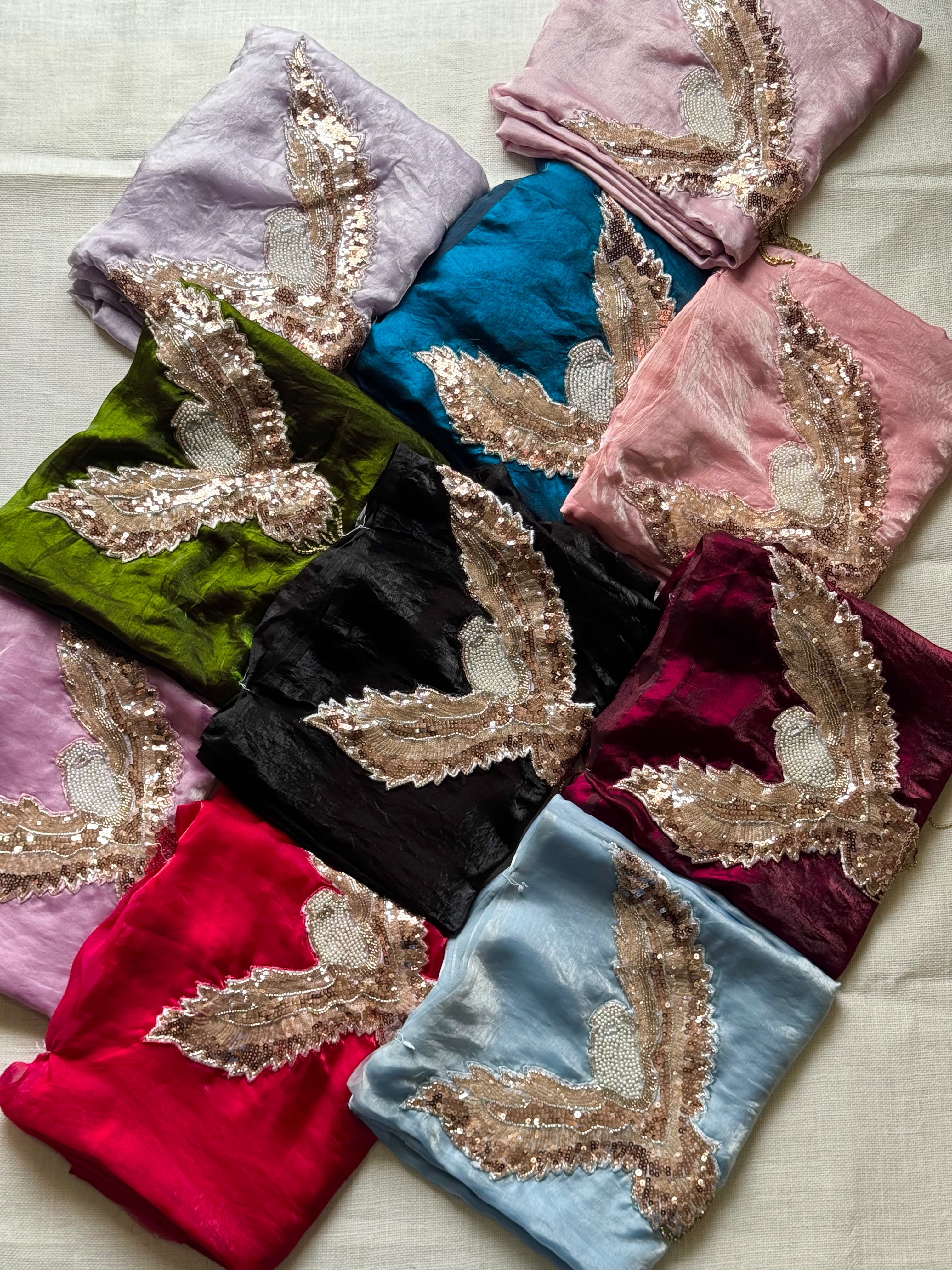 Light pink,baby pink 1, baby pink 2,red, green, black,teal blue,wine , Lavender and light blue 