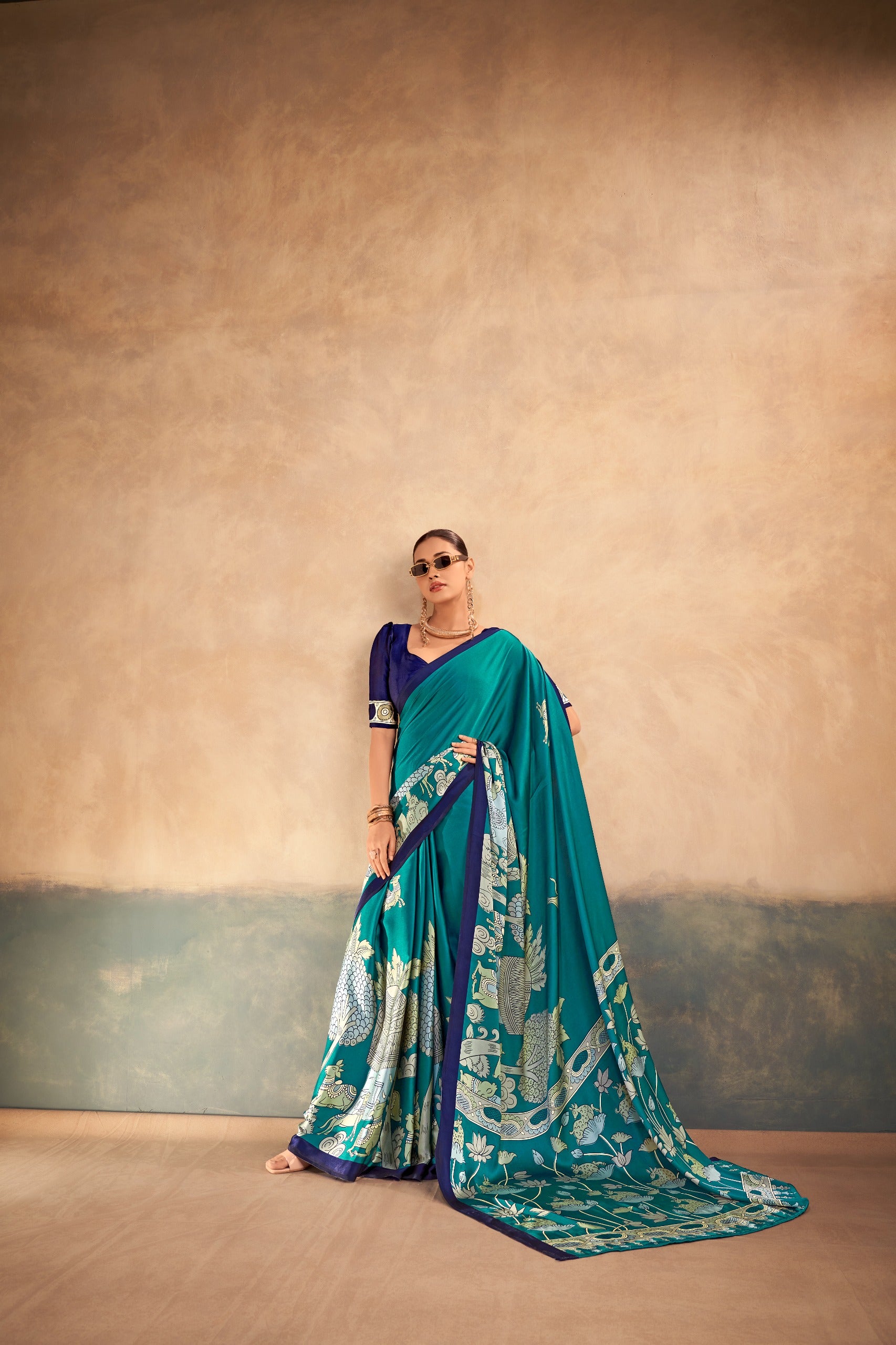 Rama Green saree with white floral patterns