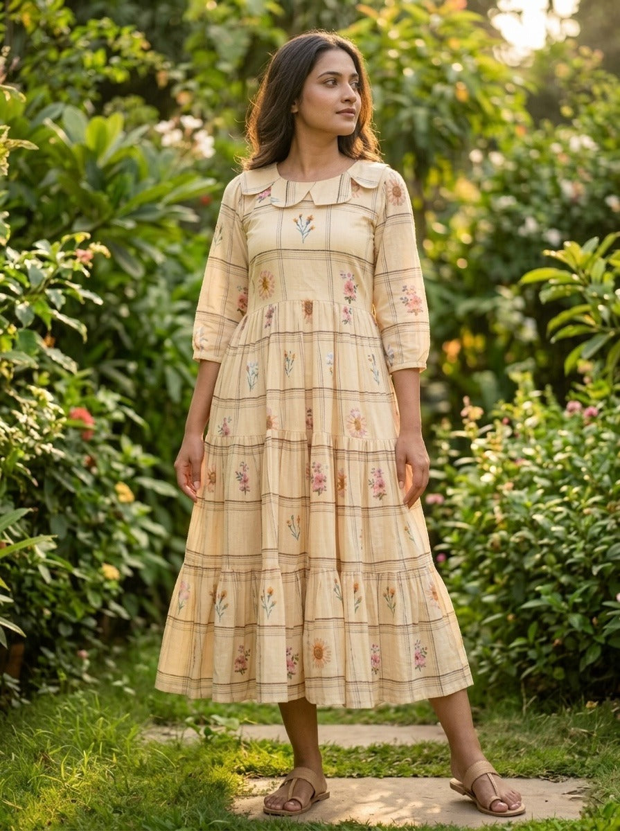 beige frock with floral patterns 
