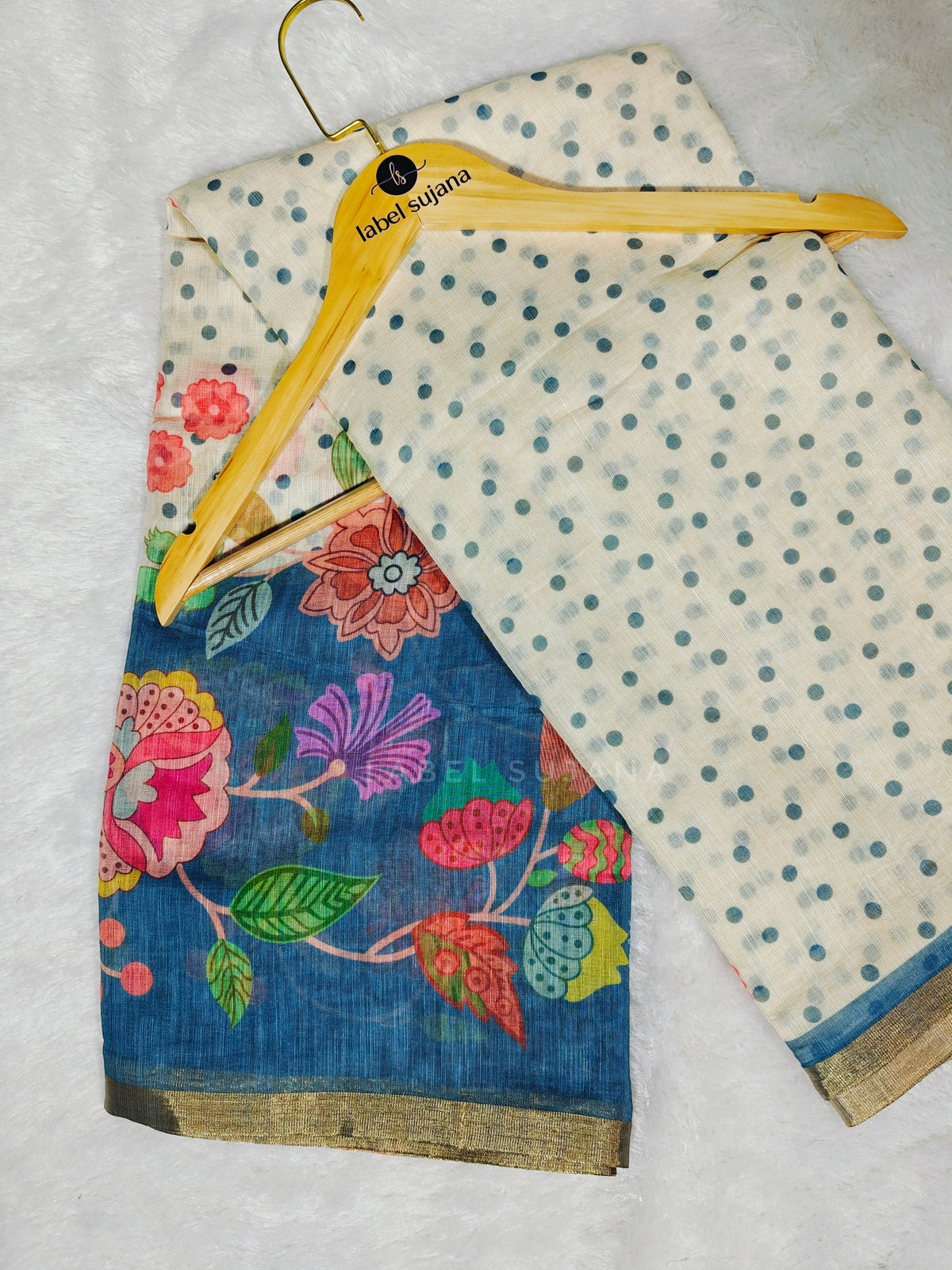Blue Linen digital print saree with matching stitched blouse