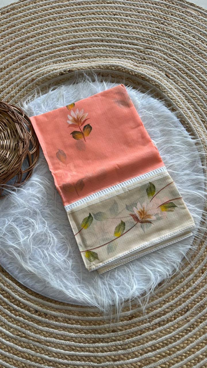 An Orange colour Brush Painted Kota Saree