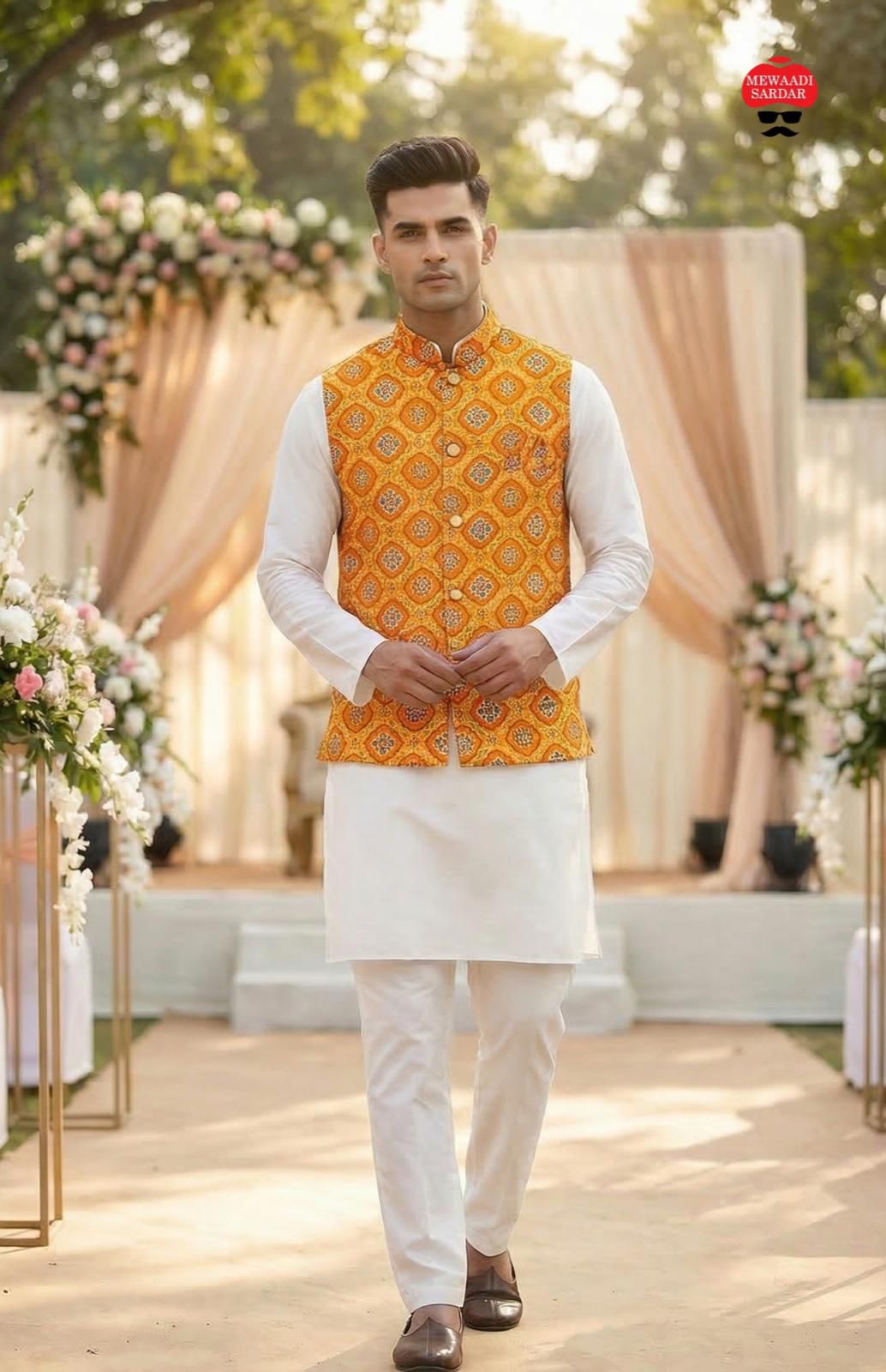 Man wearing a traditional yellow vest over a white kurta with white pants, standing in front of decorated outdoor setting.
