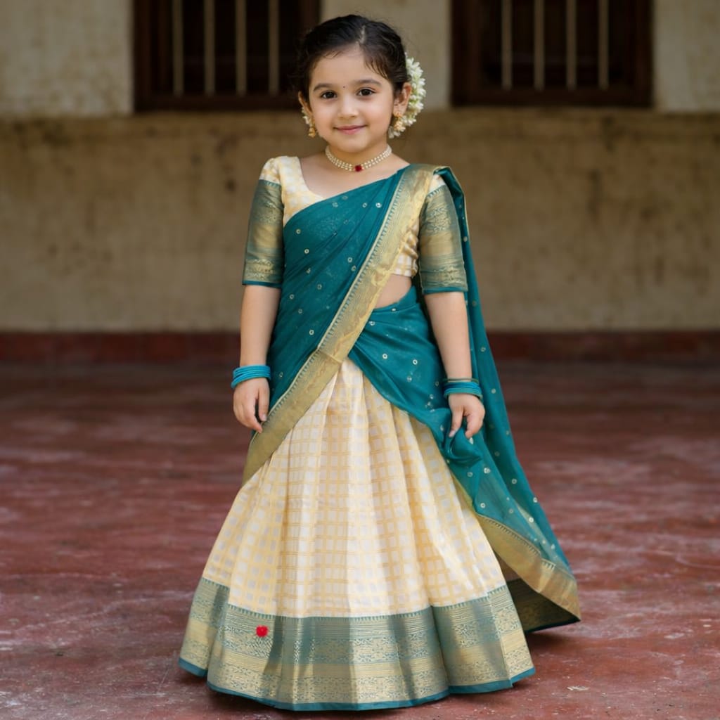 Young girl in a traditional  Rama green lehanga standing on a brick floor.