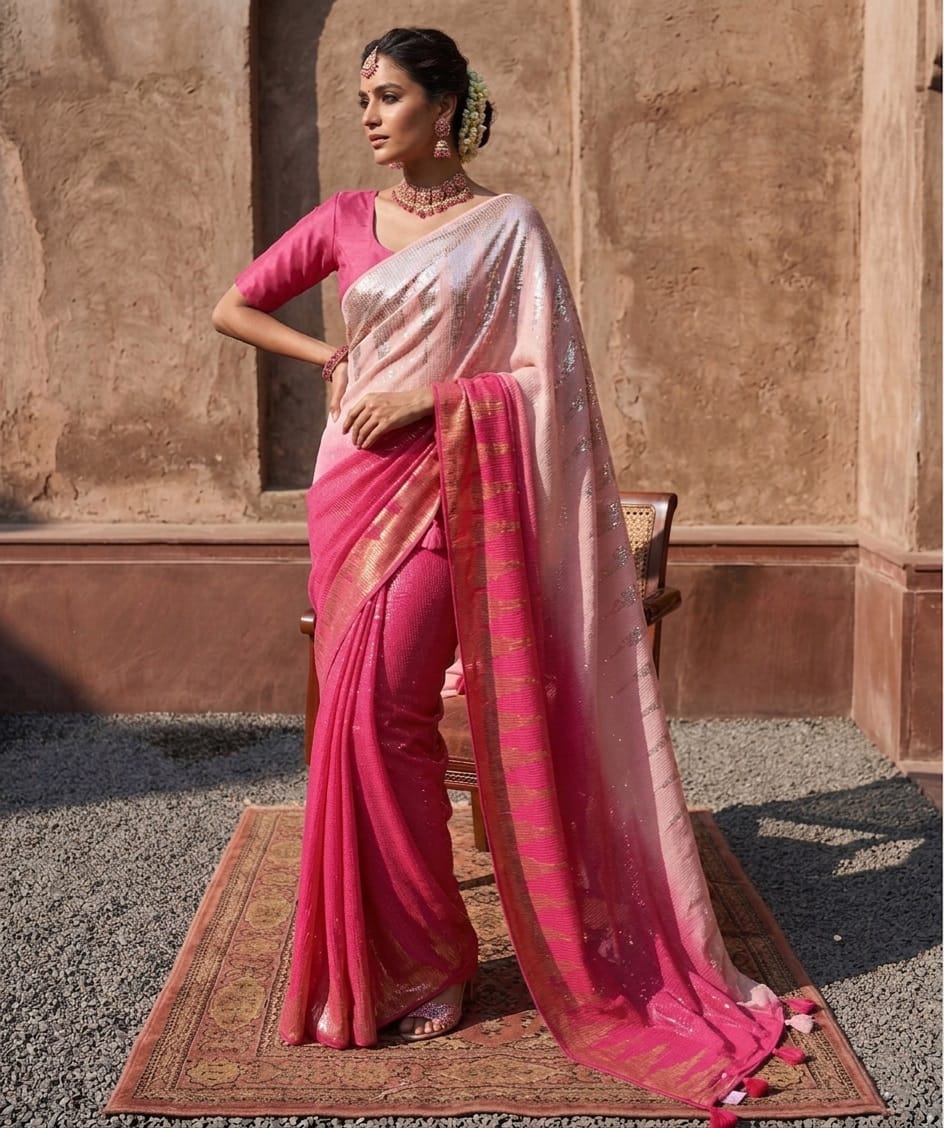 Woman in a pink saree standing in front of a textured wall.