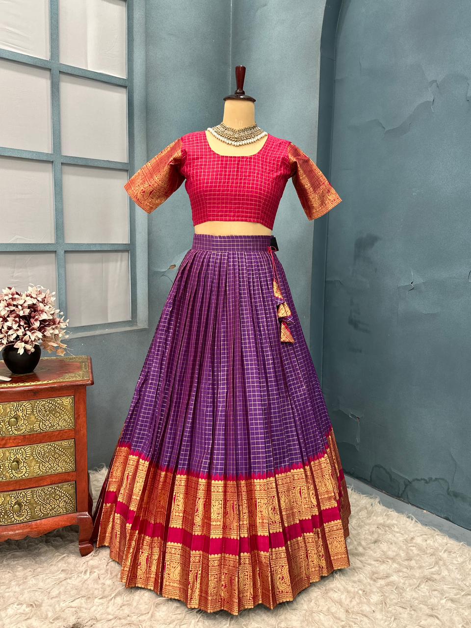 Pink and purple traditional outfit with gold border 