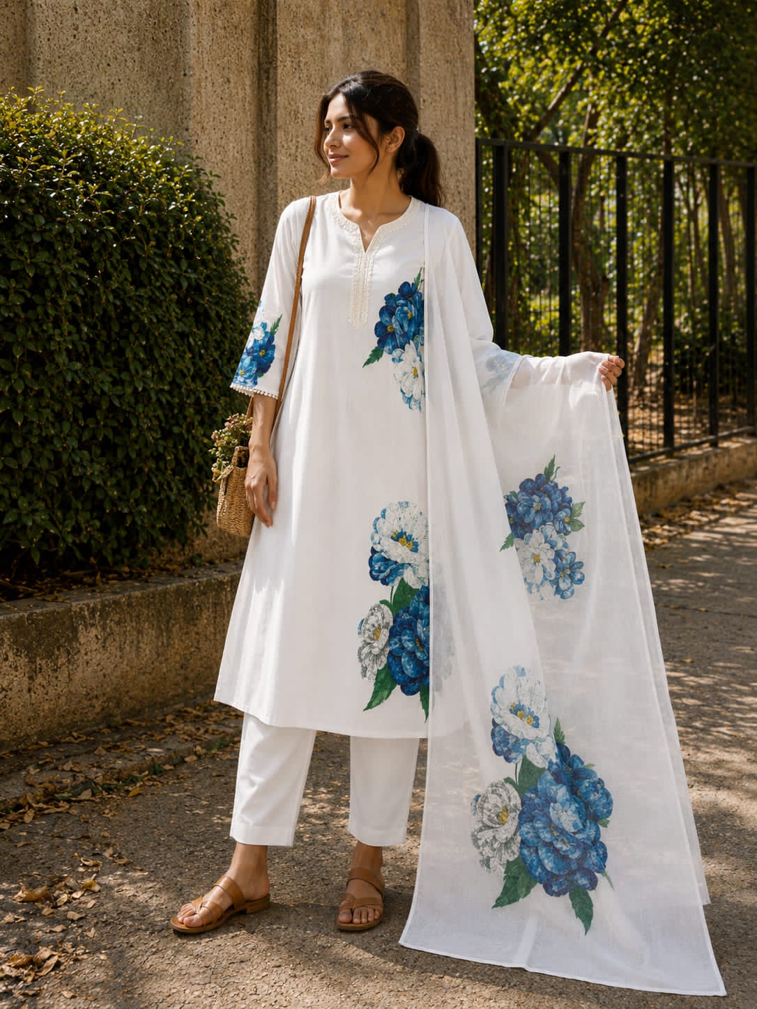 Woman wearing a white outfit with blue floral patterns outdoors.