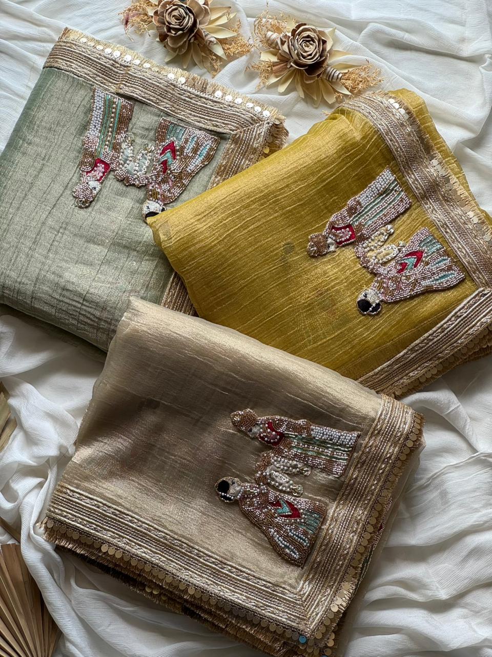Gold, Light yellow and Light green sarees