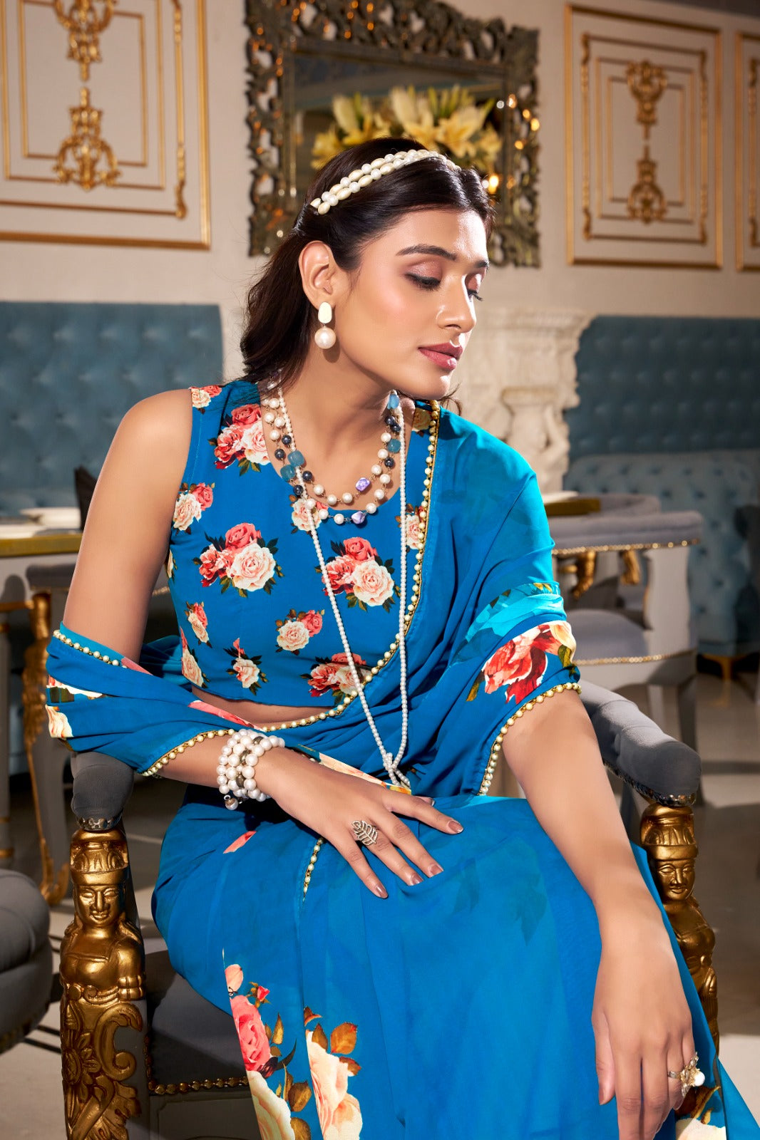 blue floral saree