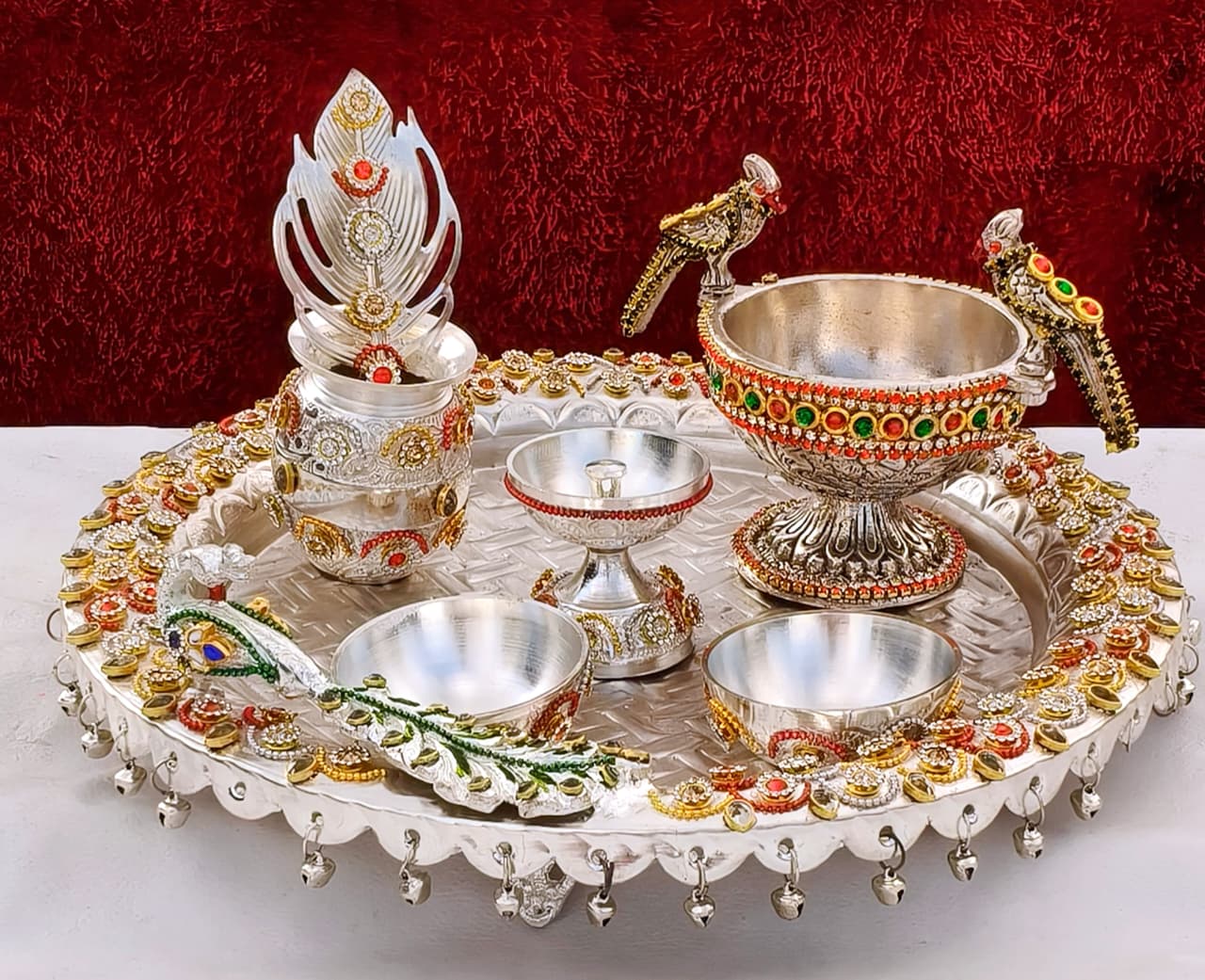German silver peacock ghungaru pooja thali set