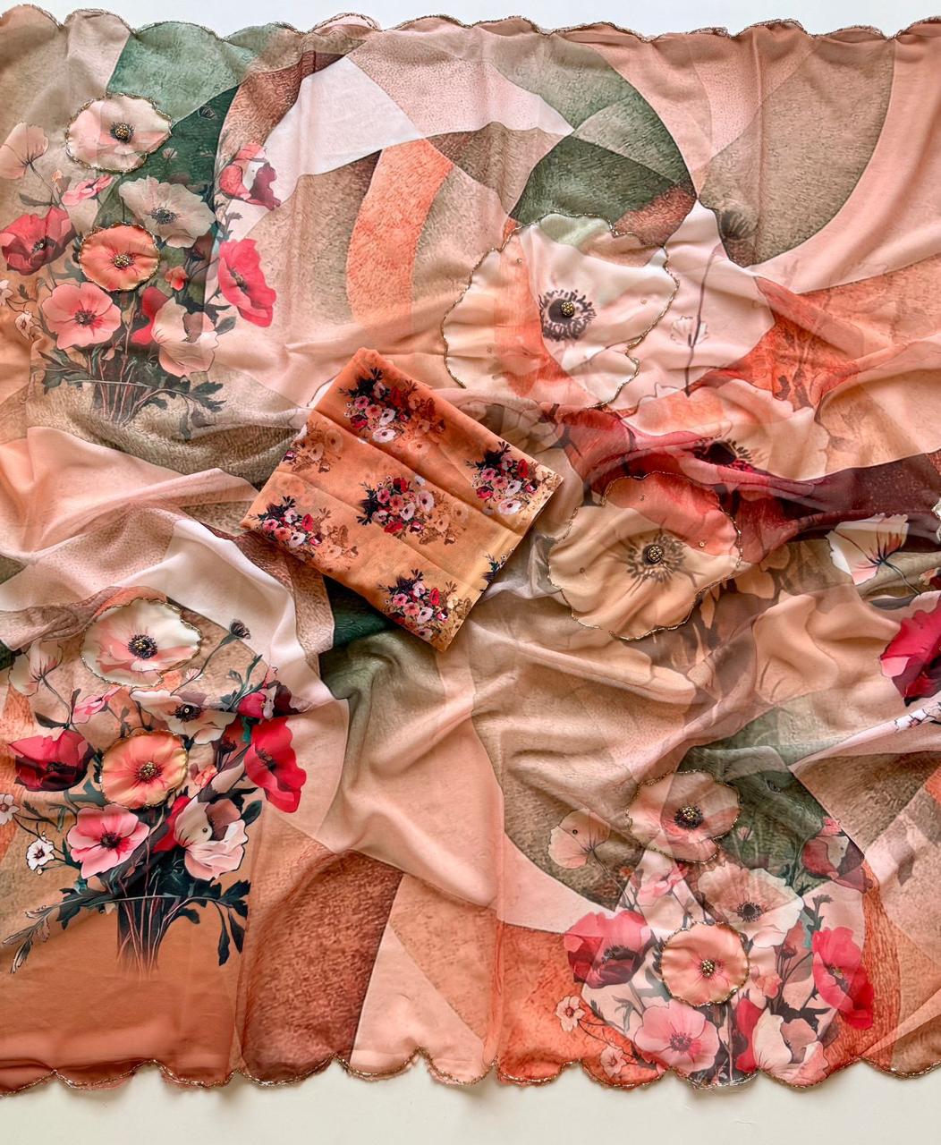Peach Floral patterned fabric with embroidery on a neutral background