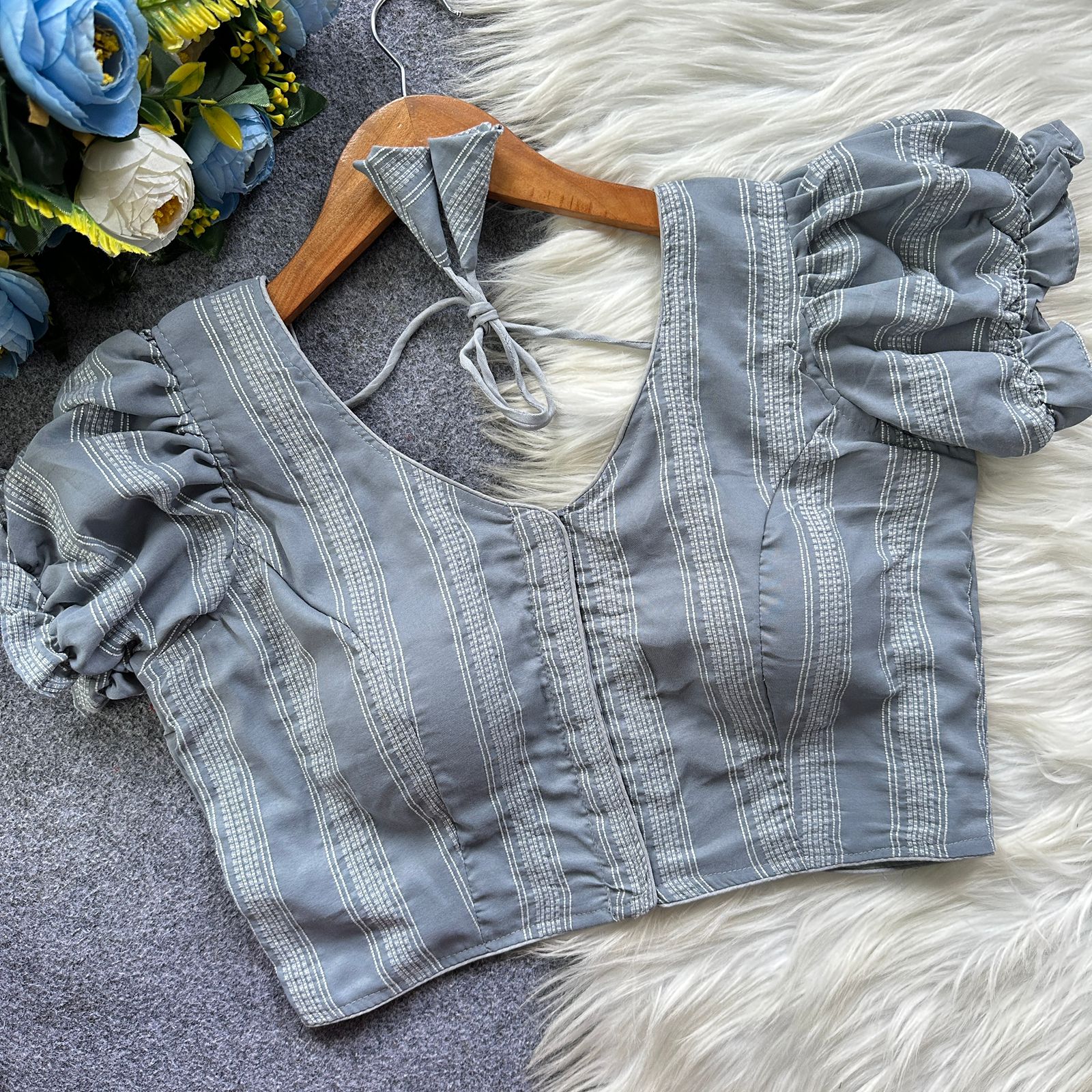 Gray striped blouse with ruffled sleeves 