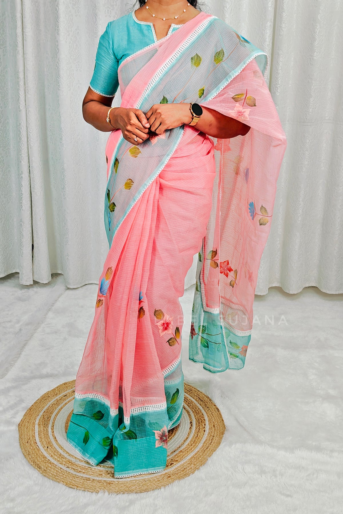 A Peach colour Brush Painted Kota Saree
